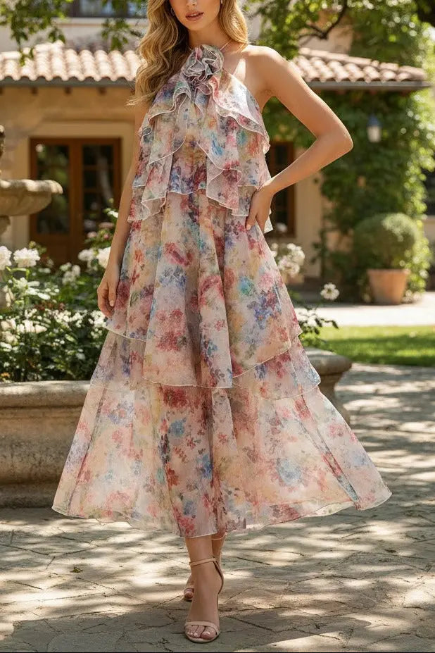 susie multicolor floral print layer halter midi dress Avalabel