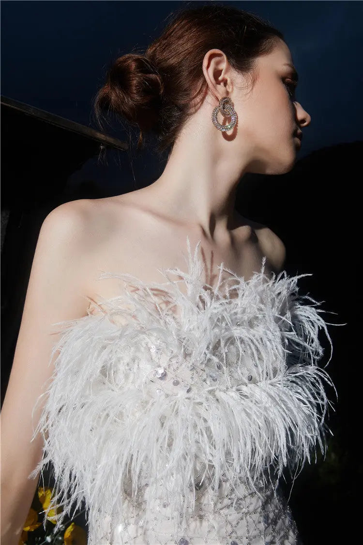 Masa White Haute Couture Feather Sequin Dress Avalabel