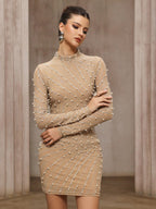 Khaki Tassel Rhinestone Mesh Pearl Hip-Wrap mini Dress Avalabel