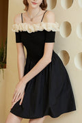 Off-Shoulder Ruffle Trim Suspender Mini Dress in Black Avalabel
