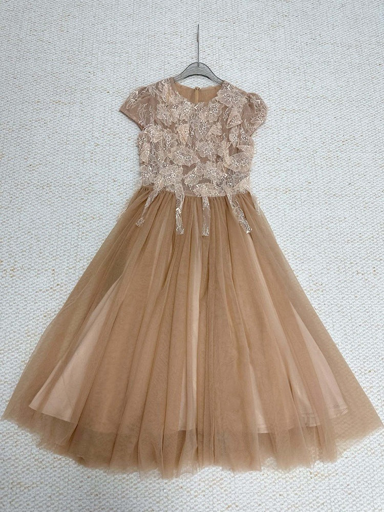 elvira Sequin lace crochet patchwork mesh maxi dress in brown Avalabel