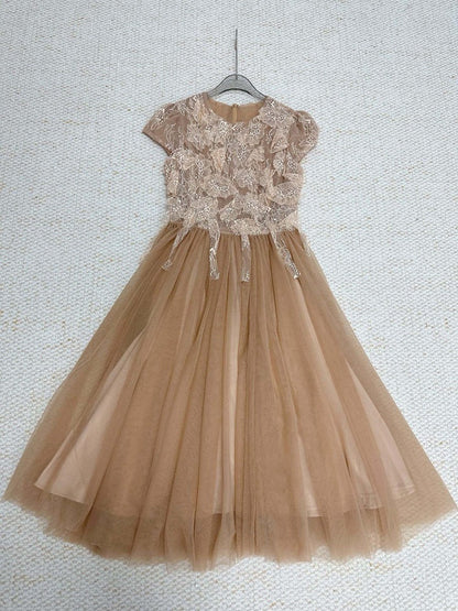 elvira Sequin lace crochet patchwork mesh maxi dress in brown