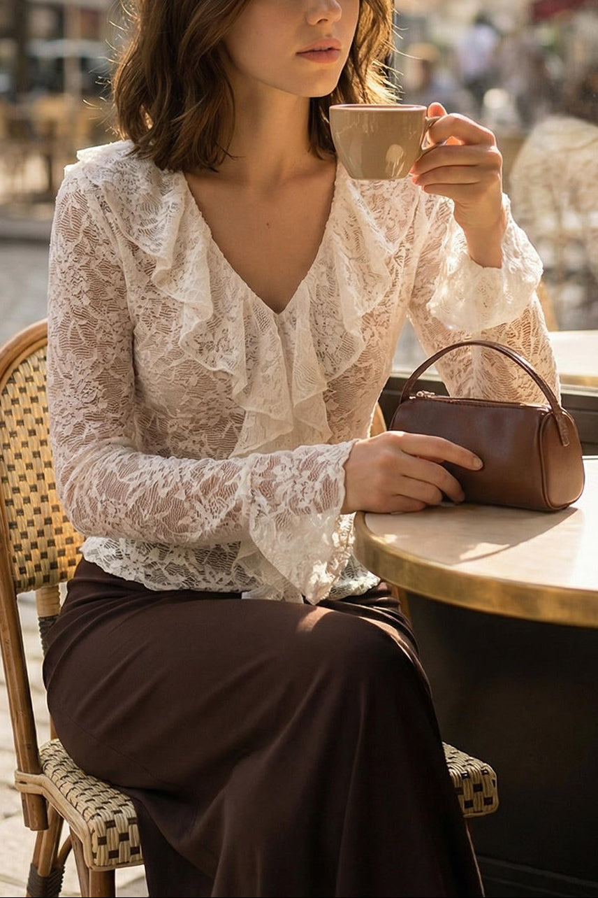 Lace Hollow Flared Sleeve Top Avalabel