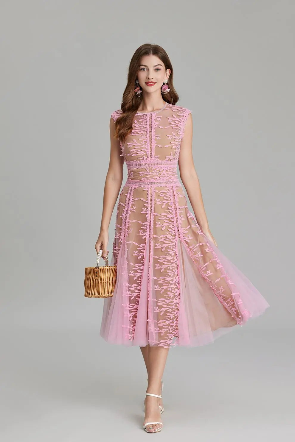 Phoenix 3D Embroidered Lace Mesh Midi Dress in Pink Avalabel