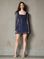 amanda navy Long Sleeve Rhinestone Mesh Mini Dress Avalabel
