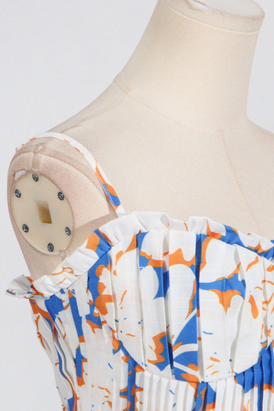 Pleated Floral-Print Linen Bustier Top Skirt Set in Blue Avalabel