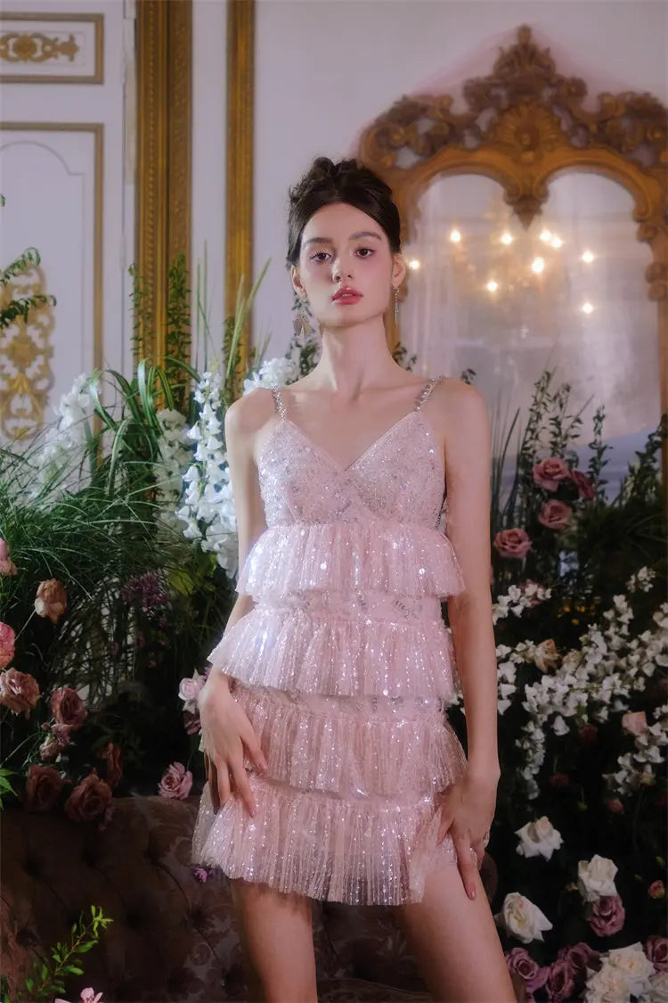 Pink Sleeveless Sequin layer ruffle short Dinner Dress Avalabel