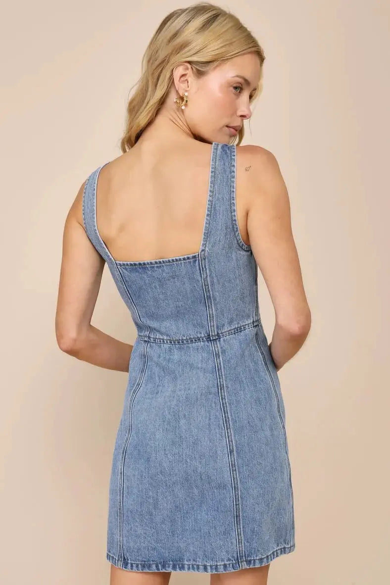 denim suspender square neck slim mini dress Avalabel