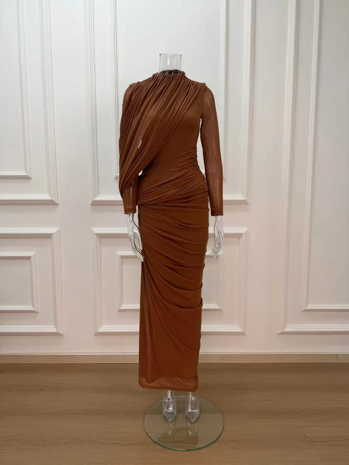 liz High Neck Asymmetric Drape ruched Maxi Dress in brown Avalabel