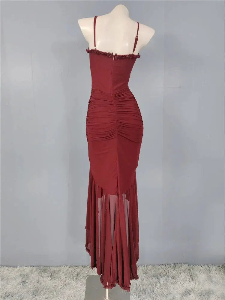 Burgundy mesh ruffle waist maxi dress Avalabel