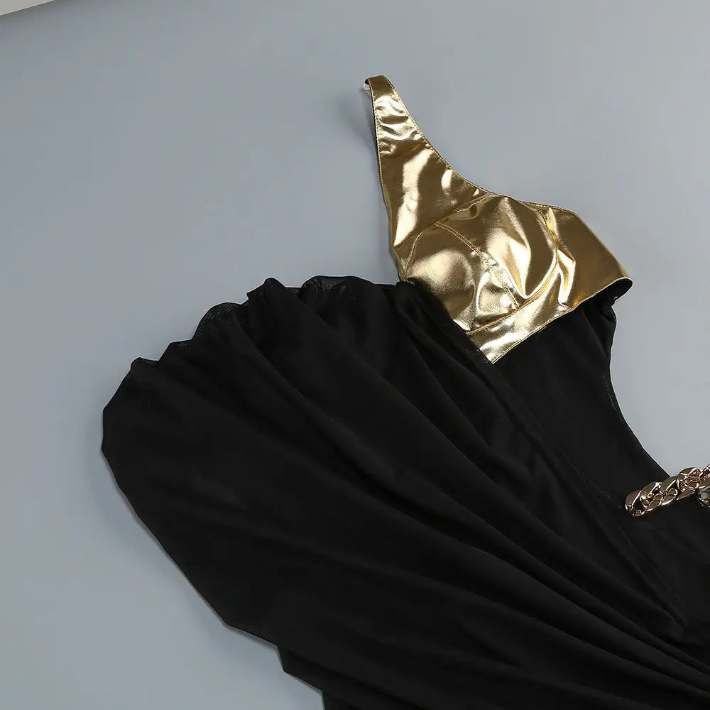 elvira one-shoulder Metal chain decoration maxi dress in black Avalabel