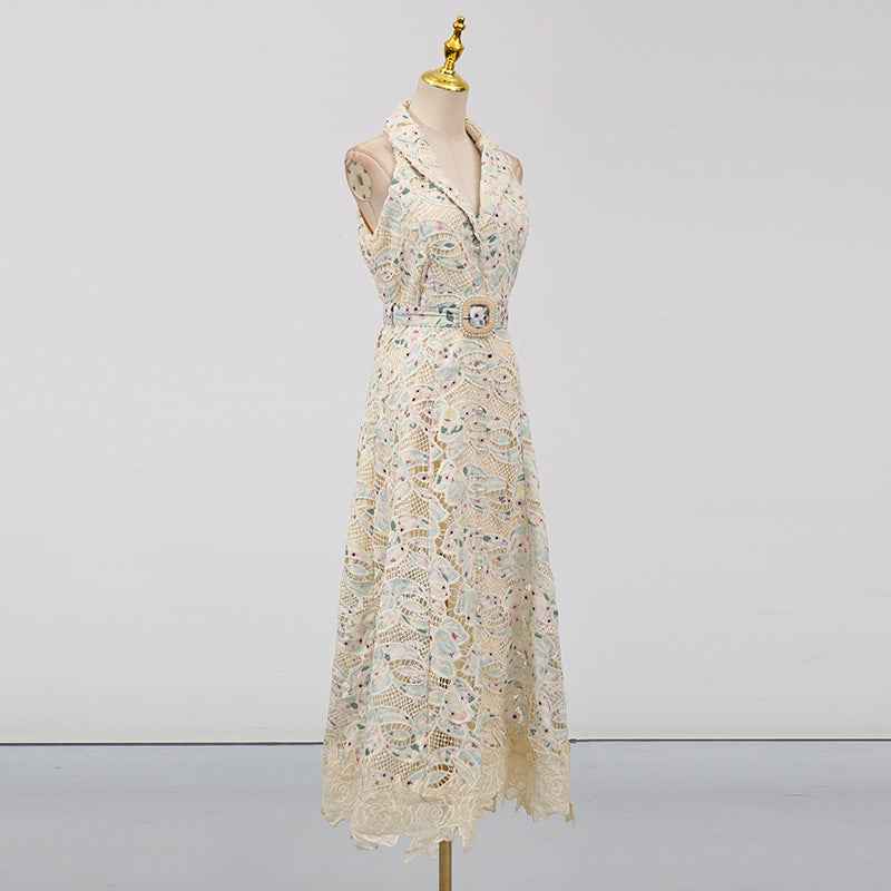 Chloe Sleeveless Hollow Lace Maxi Dress in Beige Avalabel