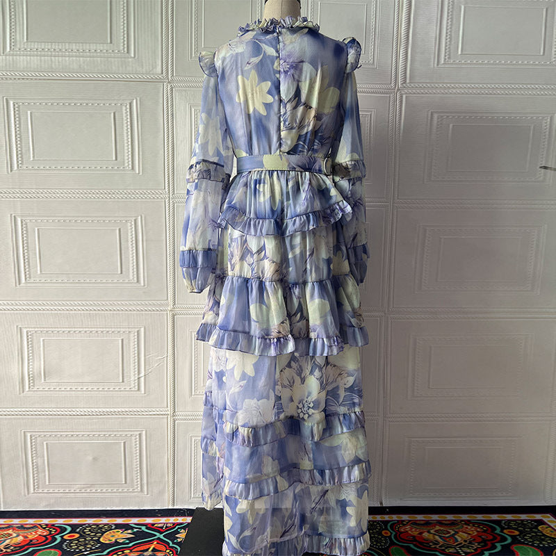 Alyssa Purple Floral Print Ruffle Maxi Dress With Belt Avalabel