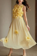 3D Flower Embellished Sleeveless Maxi Dress in Yellow Avalabel