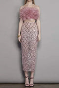 audrey pink feather top sequin Midi Skirt set Avalabel