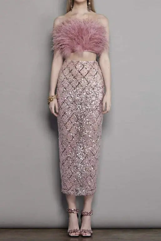 audrey pink feather top sequin Midi Skirt set Avalabel