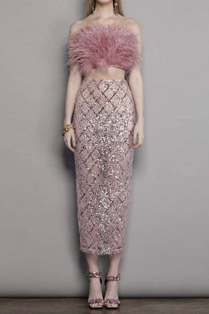 audrey pink feather top sequin Midi Skirt set
