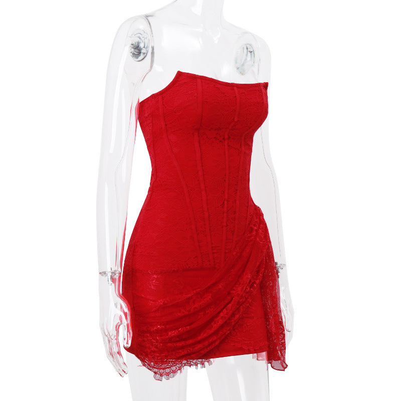 red Strapless Bandage Backless Floral Lace Corset Tube mini Dress Avalabel