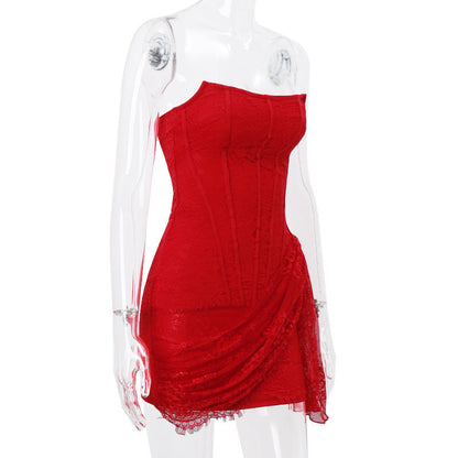 red Strapless Bandage Backless Floral Lace Corset Tube mini Dress