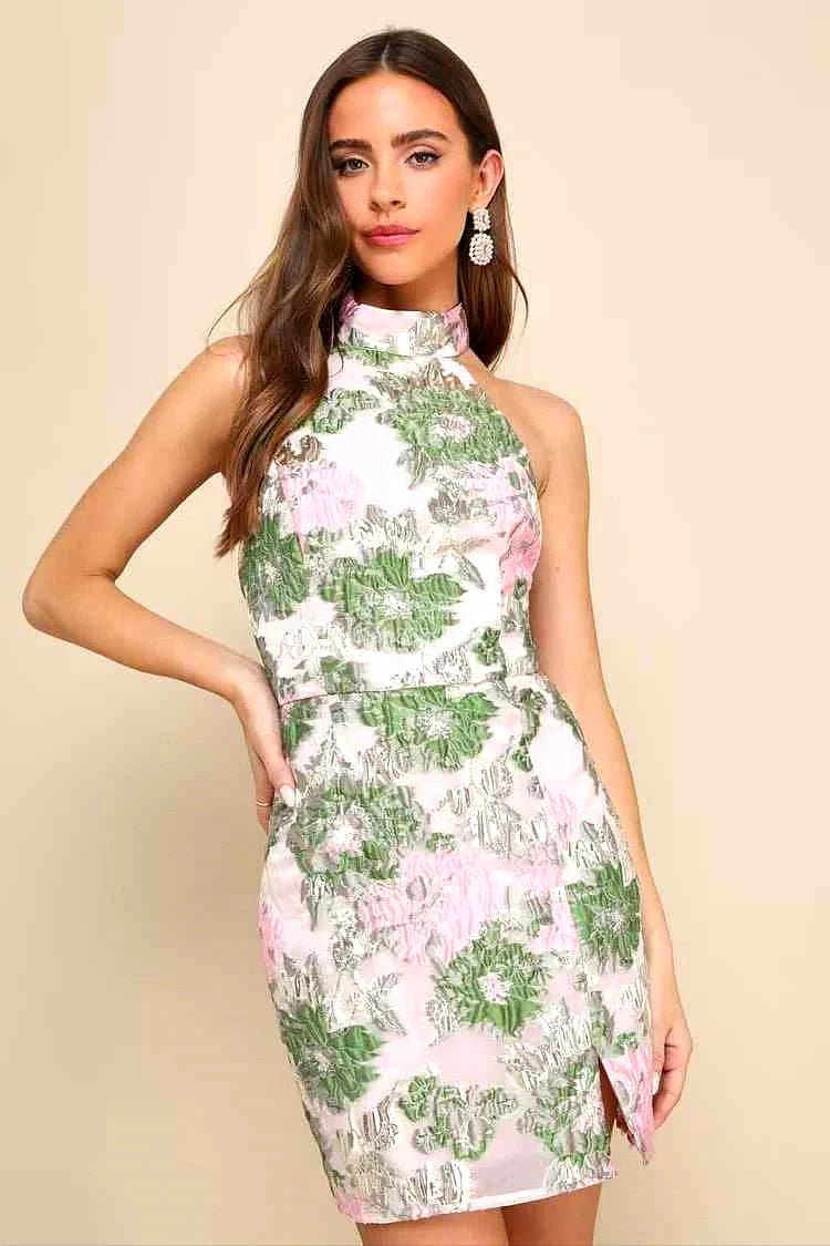 Jacquard Pink Green Floral Open Back Mini Dress Avalabel