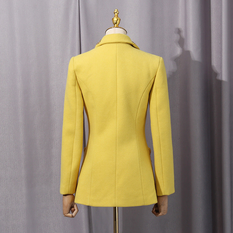 anila Studded Wool Fitted Single-Breasted Blazer in yellow Avalabel