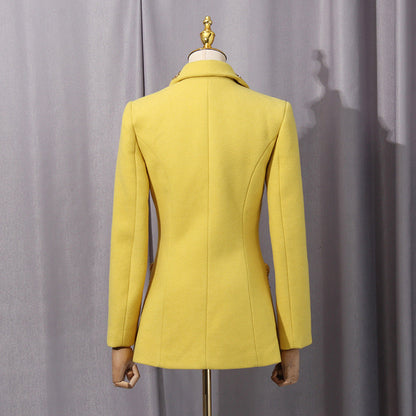 anila Studded Wool Fitted Single-Breasted Blazer in yellow