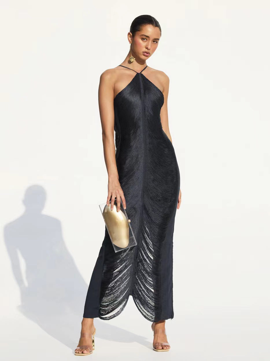 tassel rear slit halterneck dress Avalabel