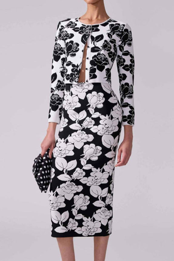 Knit Floral Jacquard Midi Pencil Cardigan Skirt Set
