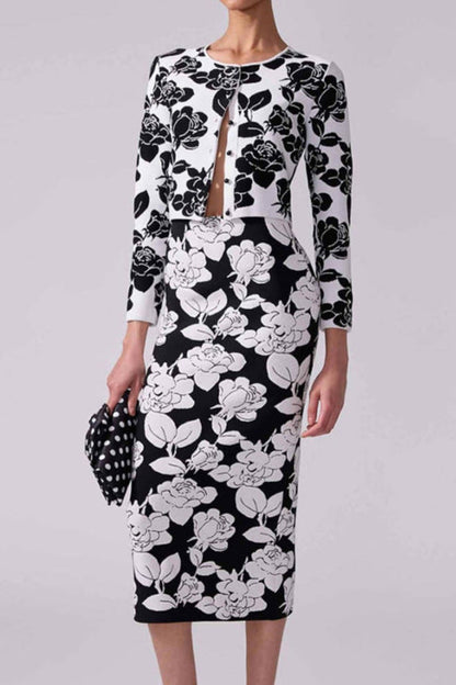 Knit Floral Jacquard Midi Pencil Cardigan Skirt Set