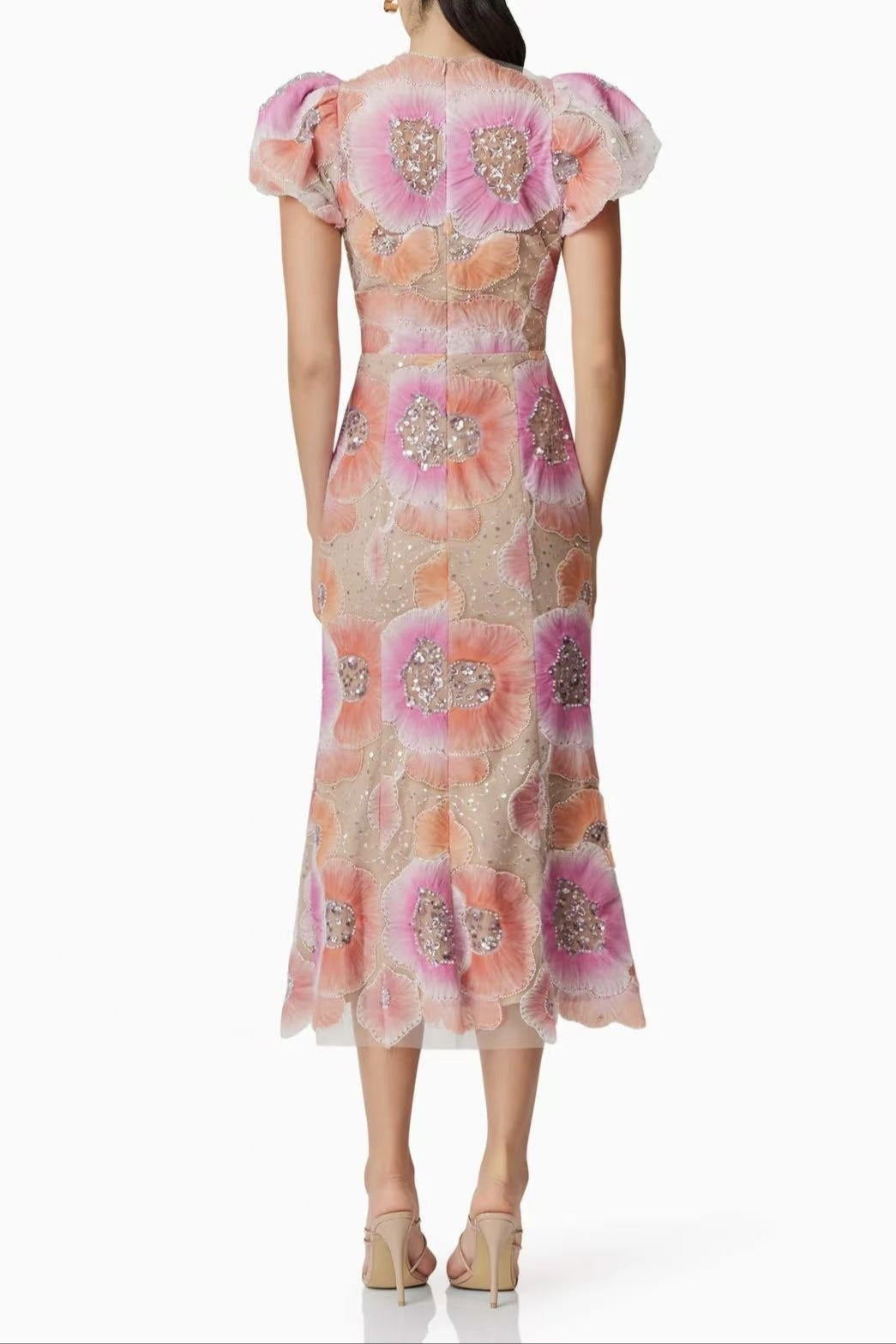 Lydia Puff Sleeve Floral Midi Dress in Pink Soraya
