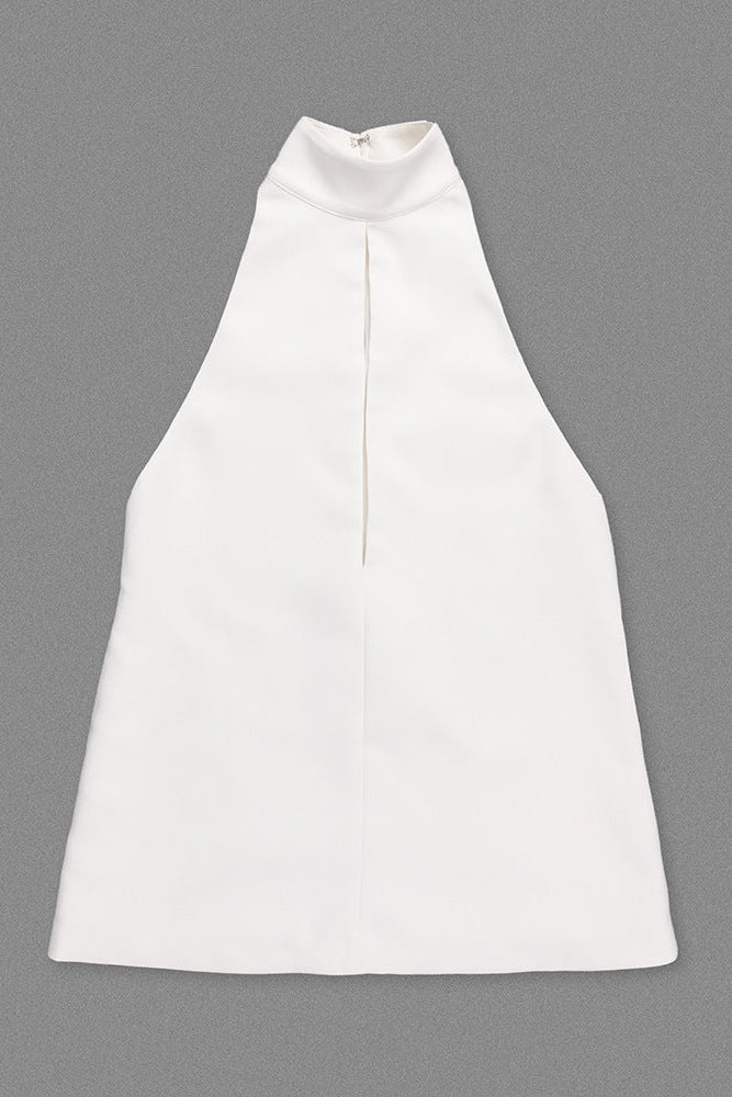 V-Neck Cutout Backless Crepe Halter Dress - White Avalabel