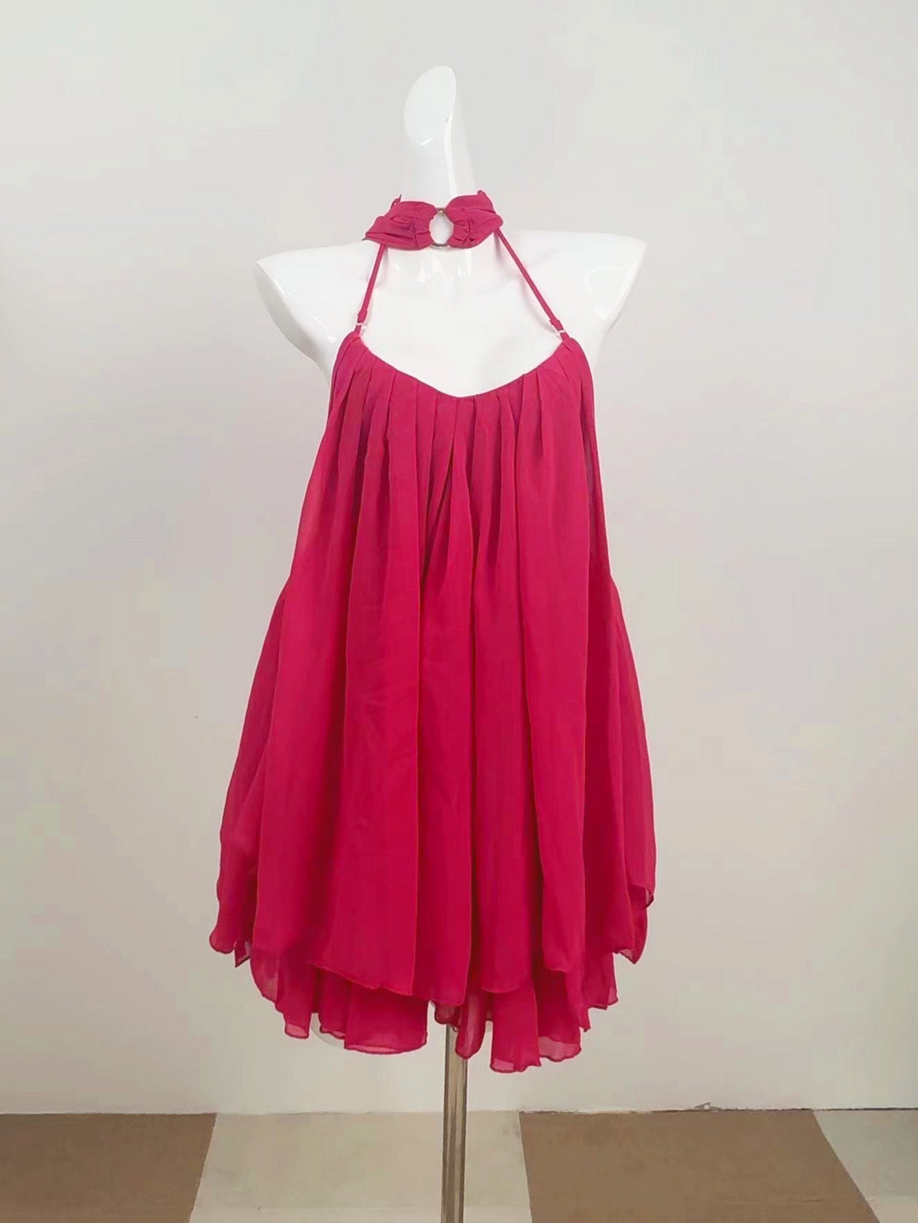 Erica Halter Neck Lace-Up Backless Mini Dress - Fuchsia