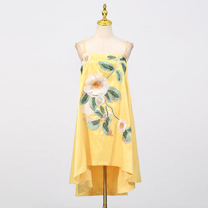 Edwina Applique Floral Embroidered Mini Dress in Yellow