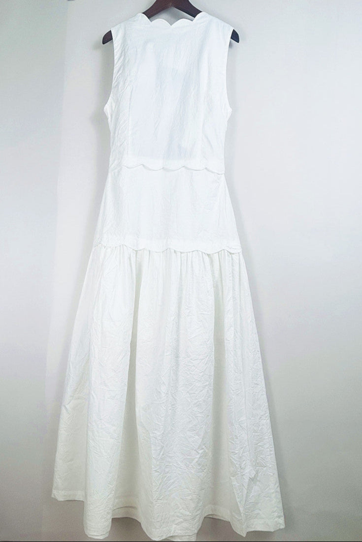 Scallop Trim V-Neck Crinkled Maxi Dress in Ecru Avalabel