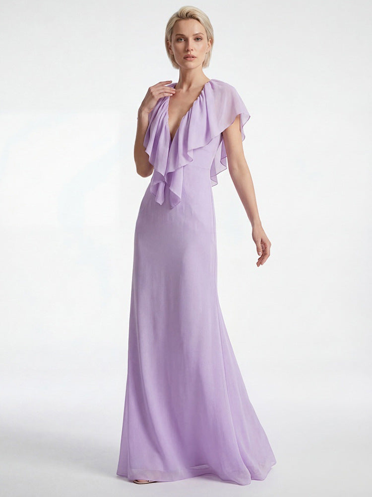 Simona Deep V-Neck Lace Backless Maxi Dress in Purple Avalabel