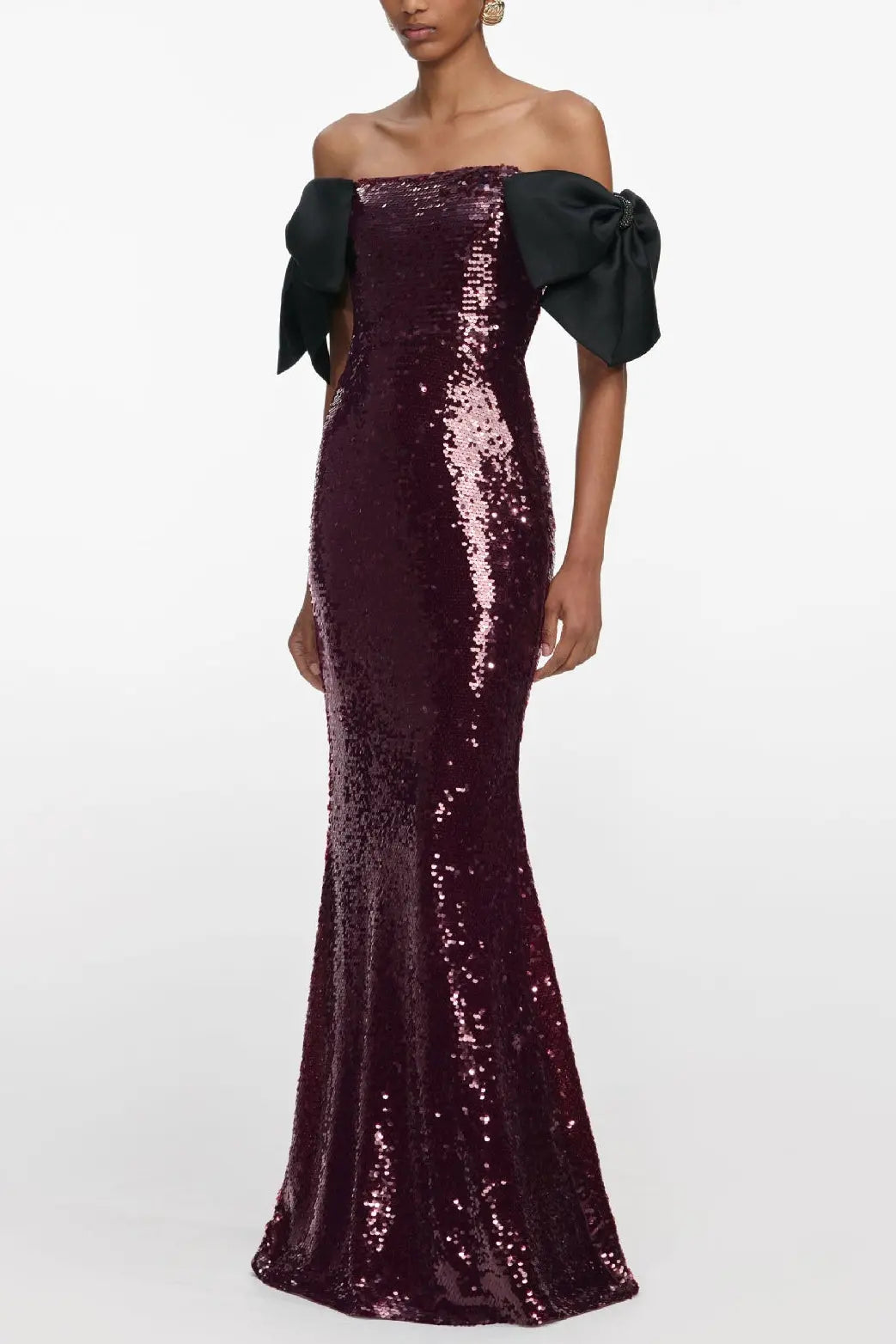 jessie Bow Detail Bardot Sequin Maxi Dress In burgundy Avalabel