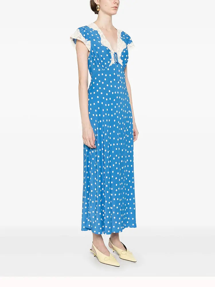 Lyuba Polka Dot Lace-Trimmed V-Neck Maxi Dress in Blue Avalabel