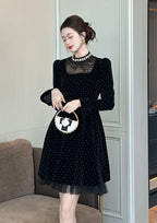 wendy Polka dots long sleeve velvet mini dress in black Avalabel