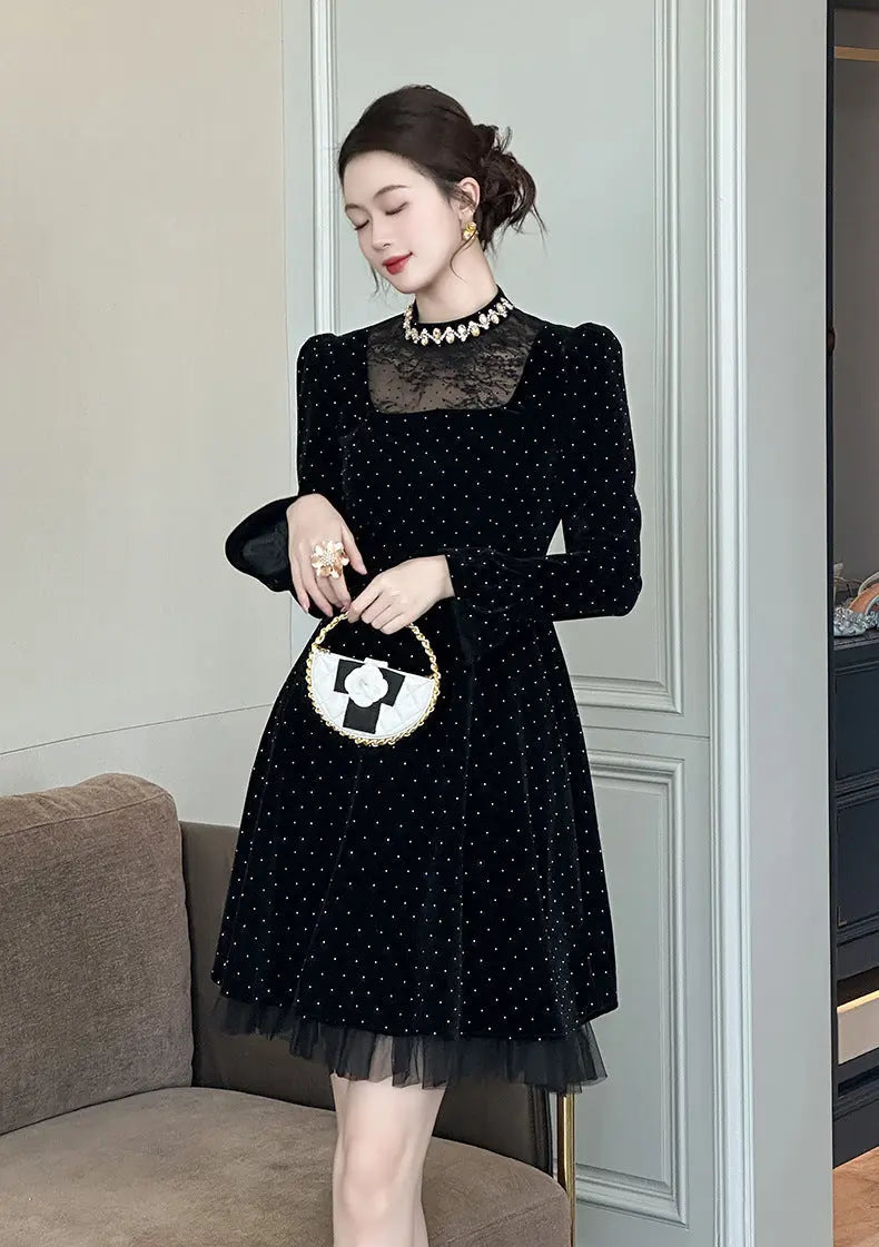 wendy Polka dots long sleeve velvet mini dress in black Avalabel
