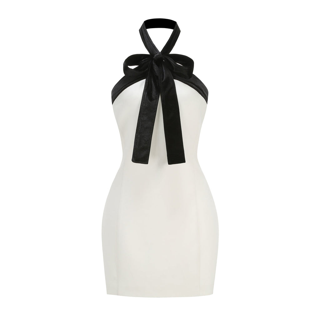 Fortunata Halter Neck Velvet Bow Mini Dress Avalabel