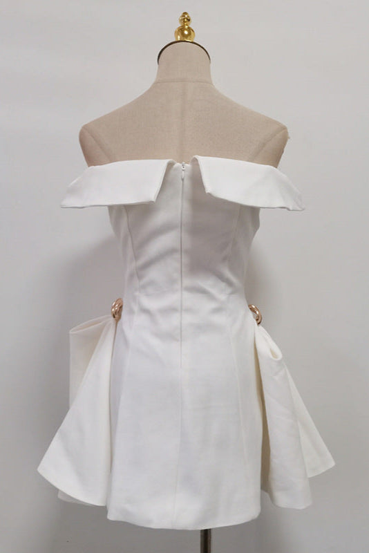 Metal Detail A-Line Off-Shoulder Mini Dress in White Soraya