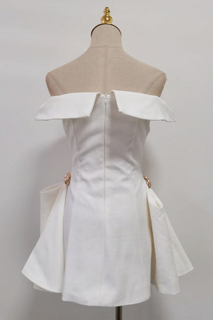 Metal Detail A-Line Off-Shoulder Mini Dress in White