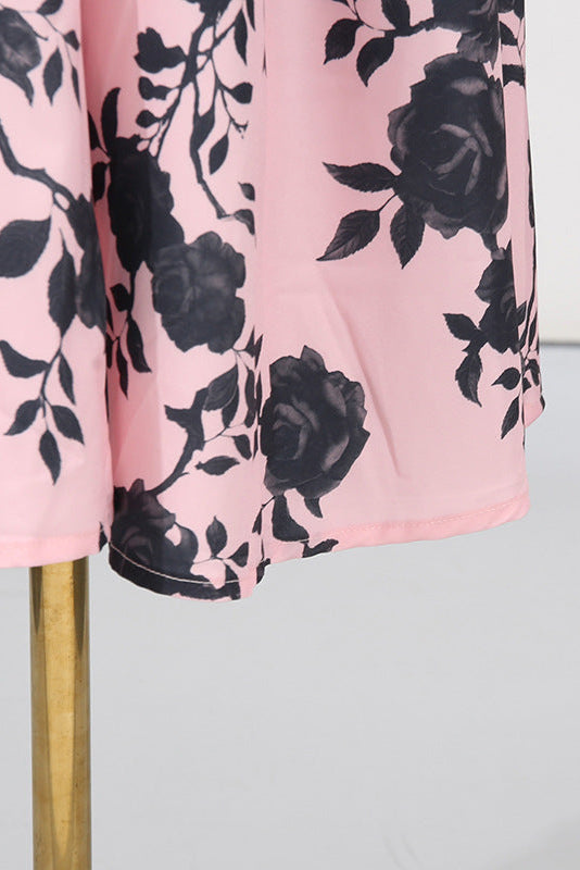 V-Neck Satin Floral Midi Dress in Pink Avalabel