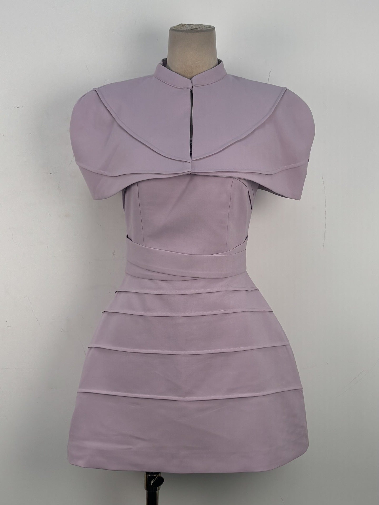 Hilary Purple Pleated Cape Mini Dress with Spaghetti Straps