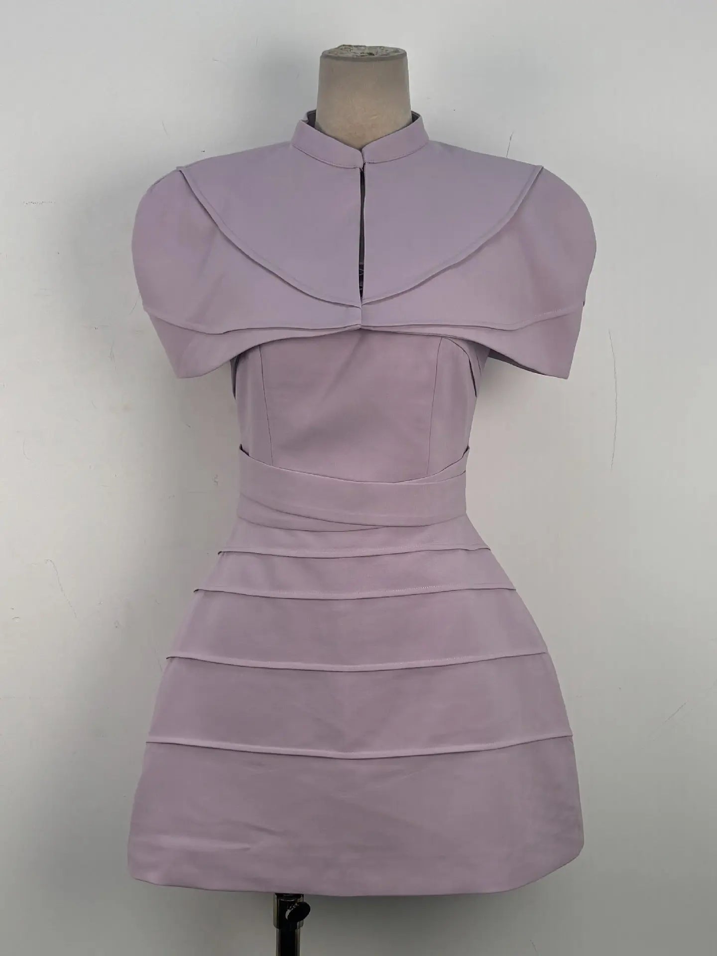 Hilary Purple Pleated Cape Mini Dress with Spaghetti Straps Avalabel