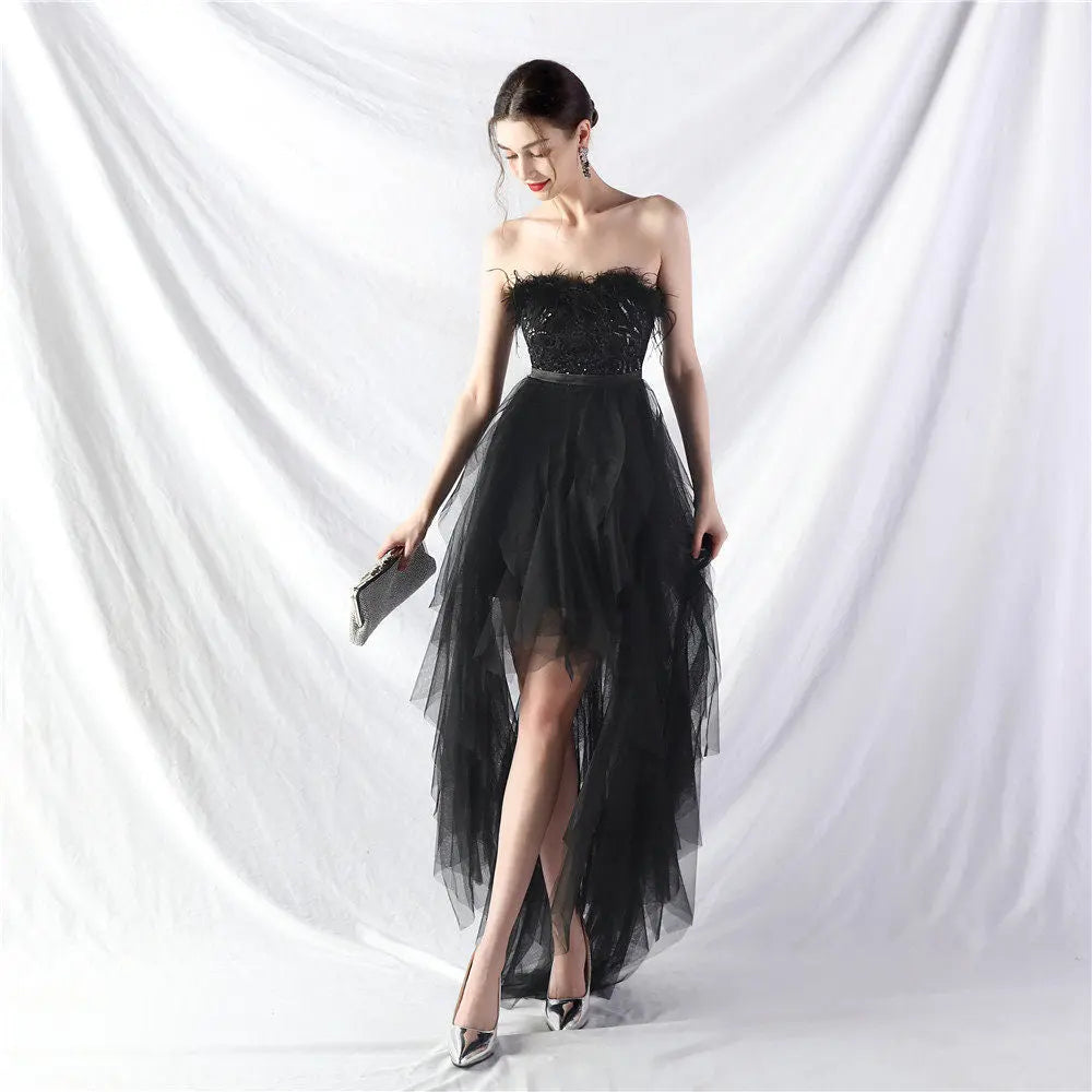 Strapless feather tulle midi dress Avalabel