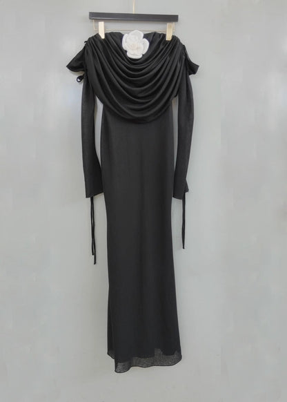 lila flower embellished pleated strapless maxi dress in black