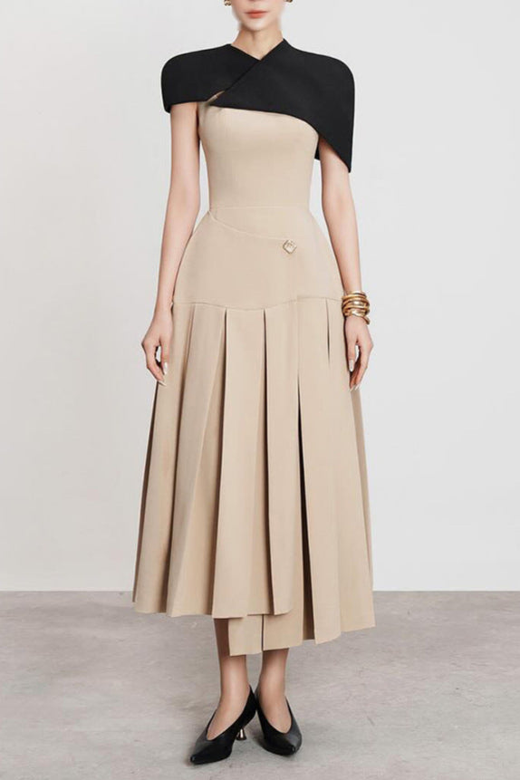 Gustave Khaki Cape Sleeveless Irregular Midi Dress Avalabel