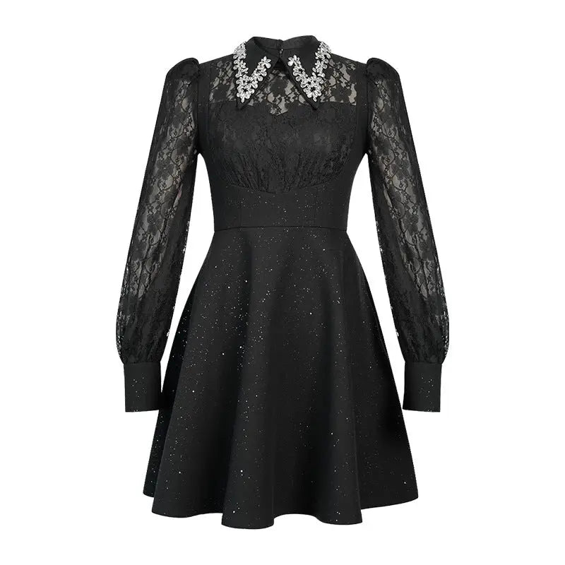 Lynn Black Rhinestone Collar Neck Lace Hollow Sleeve Mini Dress Avalabel