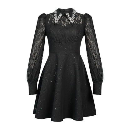 Lynn Black Rhinestone Collar Neck Lace Hollow Sleeve Mini Dress